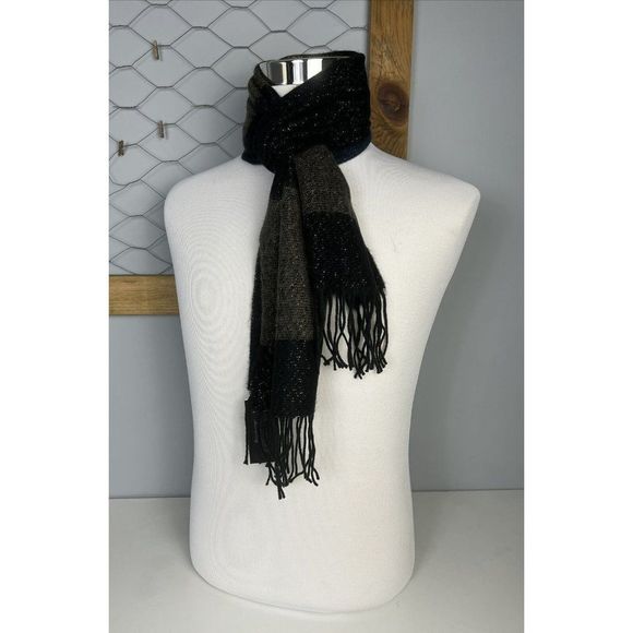 Steve Madden Muffler Scarf Lurex Striped Navy Black Shimmer Fringe Italy NWT - Picture 2 of 5